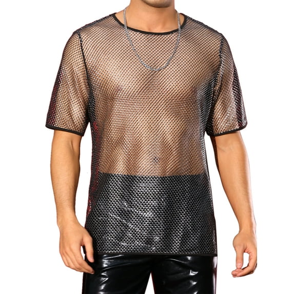 INSPIRE CHIC Mesh Sheer T-Shirt for Men's See Through Short Sleeves Party Shiny Tee Tops 2XL Silver Black