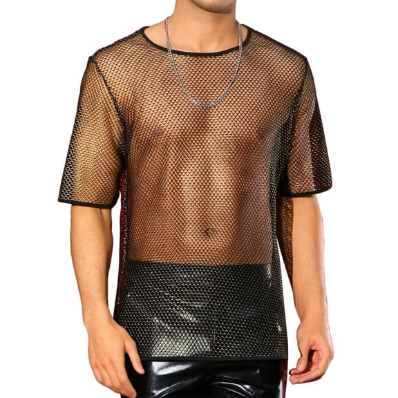 INSPIRE CHIC Mesh Sheer T-Shirt for Men's See Through Short Sleeves Party Shiny Tee Tops M Golden Black