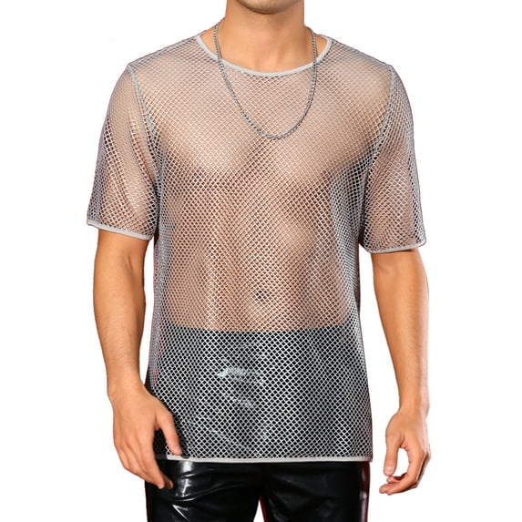 INSPIRE CHIC Mesh Sheer T-Shirt for Men's See Through Short Sleeves Party Shiny Tee Tops S Silver Gray