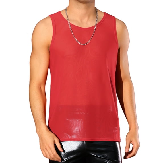 INSPIRE CHIC Mesh Sheer Tank Top for Men's See Through Sleeveless Tee Shirts Crew Neck Party Vest M Red