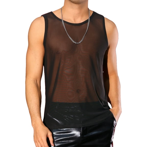 INSPIRE CHIC Mesh Sheer Tank Top for Men's See Through Sleeveless Tee Shirts Crew Neck Party Vest S Black