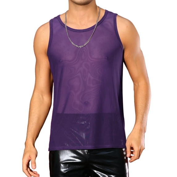 INSPIRE CHIC Mesh Sheer Tank Top for Men's See Through Sleeveless Tee Shirts Crew Neck Party Vest XL Purple
