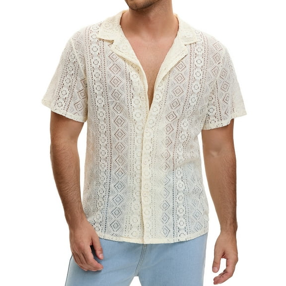 INSPIRE CHIC Mesh Shirt for Men's Camp Collar Short Sleeve Button Down Party See Through Shirts L Beige
