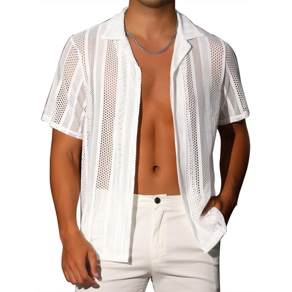 INSPIRE CHIC Mesh Shirt for Men's Camp Collar Short Sleeve Button Down Party See Through Shirts M White