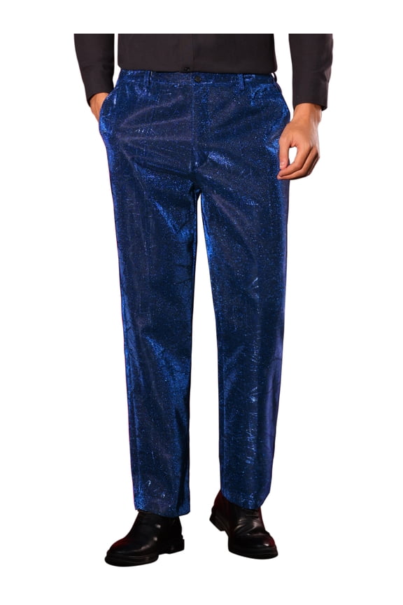Metallic Dress Pants for Men's Irregular Printed Straight Leg Party Suit Trouser Shiny Pants 30 Blue
