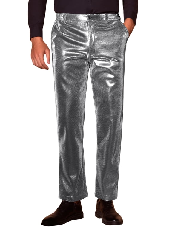 Metallic Pants for Men's Straight Leg Sparkly Pants Disco Party Shiny Trouser 28 Silver Gray