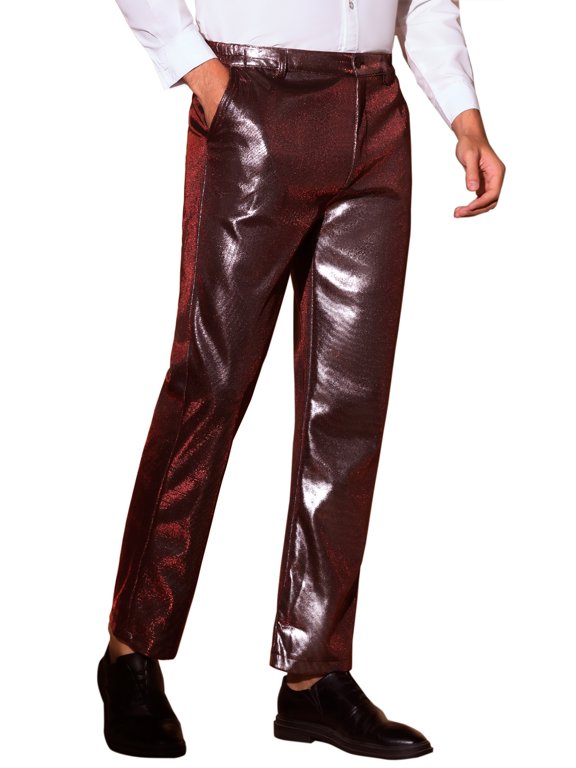 Metallic Pants for Men's Straight Leg Sparkly Pants Disco Party Shiny Trouser 30 Red