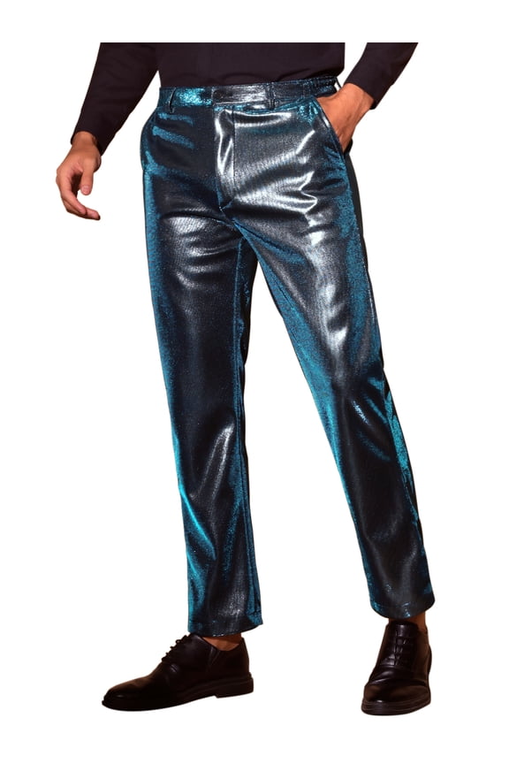Metallic Pants for Men's Straight Leg Sparkly Pants Disco Party Shiny Trouser 32 Blue