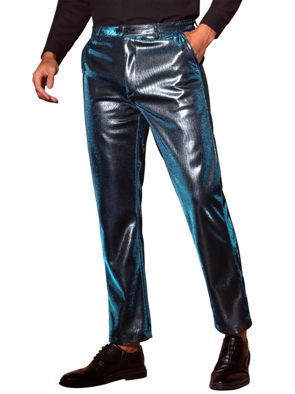 Metallic Pants for Men's Straight Leg Sparkly Pants Disco Party Shiny Trouser 34 Blue