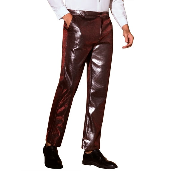 INSPIRE CHIC Metallic Pants for Men's Straight Leg Sparkly Pants Disco Party Shiny Trouser 34 Red