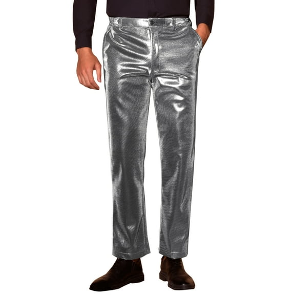 INSPIRE CHIC Metallic Pants for Men's Straight Leg Sparkly Pants Disco Party Shiny Trouser 36 Silver Gray