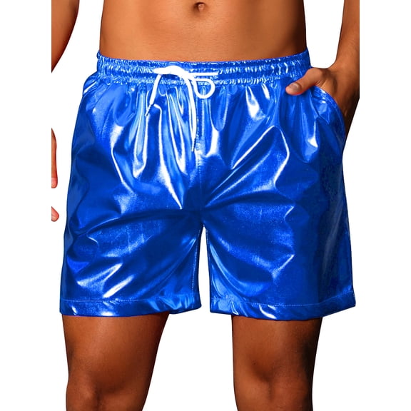 INSPIRE CHIC Metallic Shorts for Men's Elastic Drawstring Party Holographic Sparkly Shiny Hot Shorts with Pocket 30 Blue