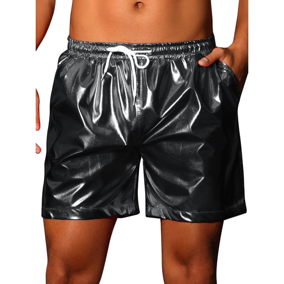 INSPIRE CHIC Metallic Shorts for Men's Elastic Drawstring Party Holographic Sparkly Shiny Hot Shorts with Pocket 32 Black