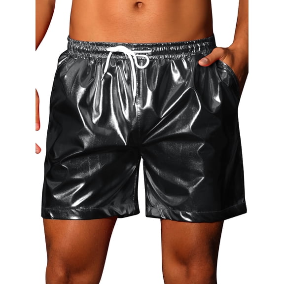 INSPIRE CHIC Metallic Shorts for Men's Elastic Drawstring Party Holographic Sparkly Shiny Hot Shorts with Pocket 34 Black