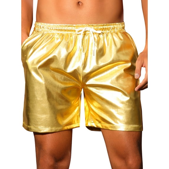 INSPIRE CHIC Metallic Shorts for Men's Elastic Drawstring Party Holographic Sparkly Shiny Hot Shorts with Pocket 34 Golden