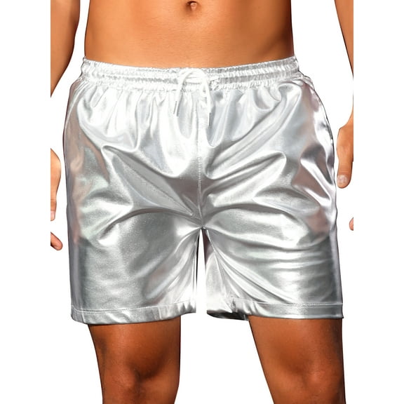 INSPIRE CHIC Metallic Shorts for Men's Elastic Drawstring Party Holographic Sparkly Shiny Hot Shorts with Pocket 34 Silver