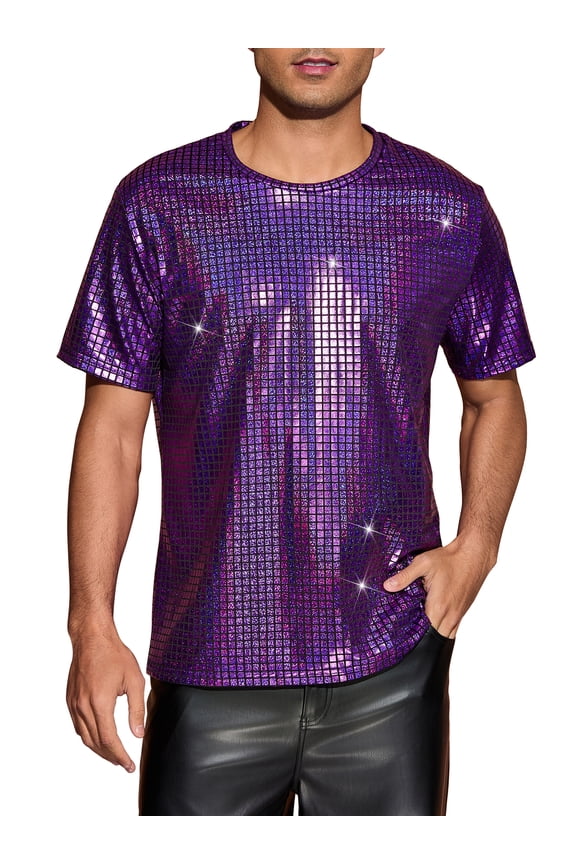 Metallic Plaid T-Shirt for Men's Round Neck Short Sleeves Sparkle Glitter Tee L Dark Purple