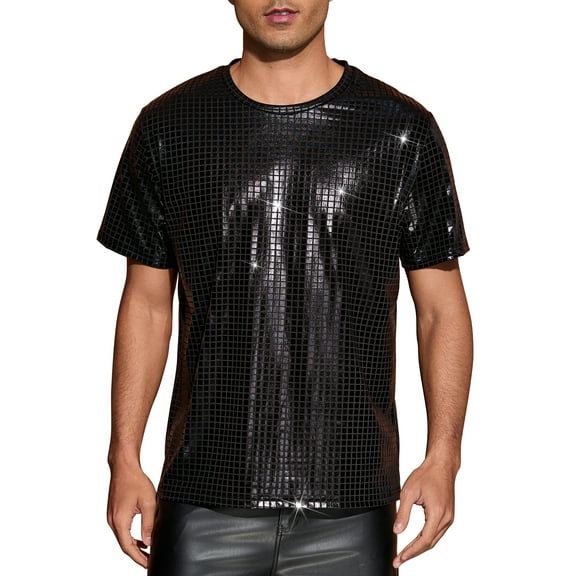 INSPIRE CHIC Metallic T-Shirt for Men's Round Neck Short Sleeves Sparkle Glitter Tee M Black