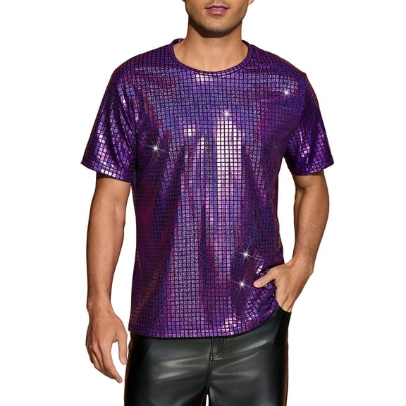 INSPIRE CHIC Metallic T-Shirt for Men's Round Neck Short Sleeves Sparkle Glitter Tee M Dark Purple