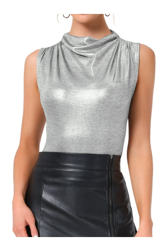 Women's Top Metallic Ruched Cowl Neck Sleeveless Party Shiny Tank Tops XL Silver