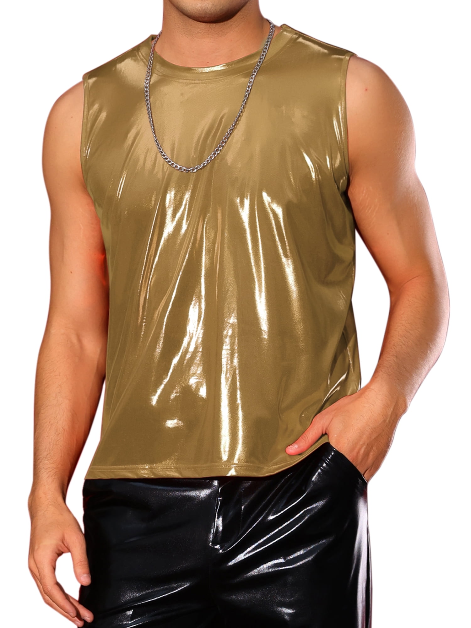 INSPIRE CHIC Metallic Tank Tops for Men's Holographic Sleeveless T-Shirt Disco Party Shiny Vest 2XL Golden