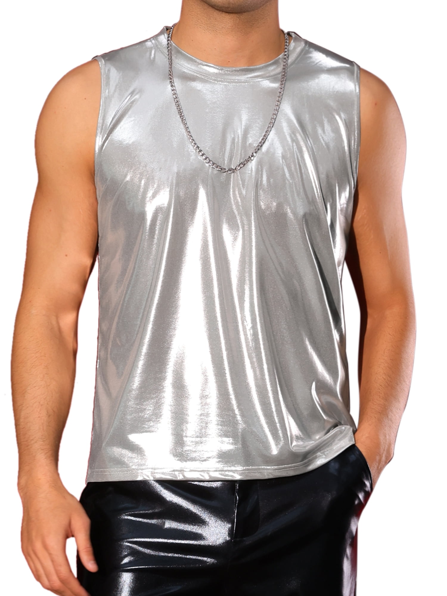 INSPIRE CHIC Metallic Tank Tops for Men's Holographic Sleeveless T-Shirt Disco Party Shiny Vest 2XL Silver