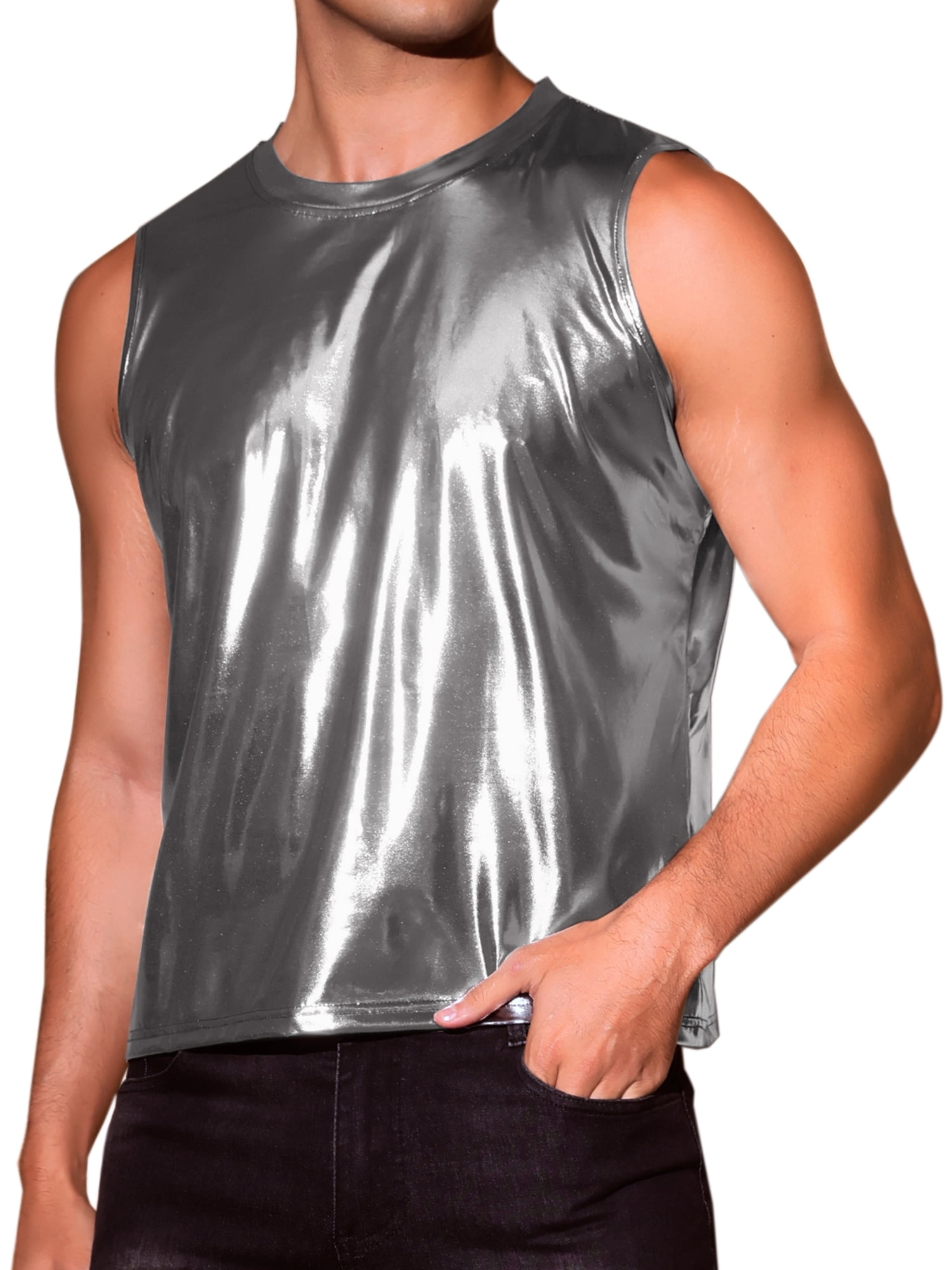 INSPIRE CHIC Metallic Tank Tops for Men's Holographic Sleeveless T-Shirt Disco Party Shiny Vest M Gray Silver