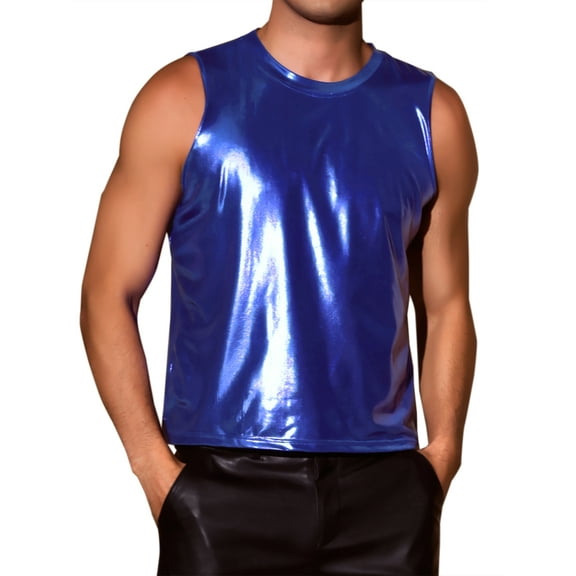 INSPIRE CHIC Metallic Tank Tops for Men's Holographic Sleeveless T-Shirt Disco Party Shiny Vest S Blue