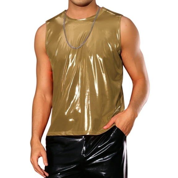 INSPIRE CHIC Metallic Tank Tops for Men's Holographic Sleeveless T-Shirt Disco Party Shiny Vest S Golden