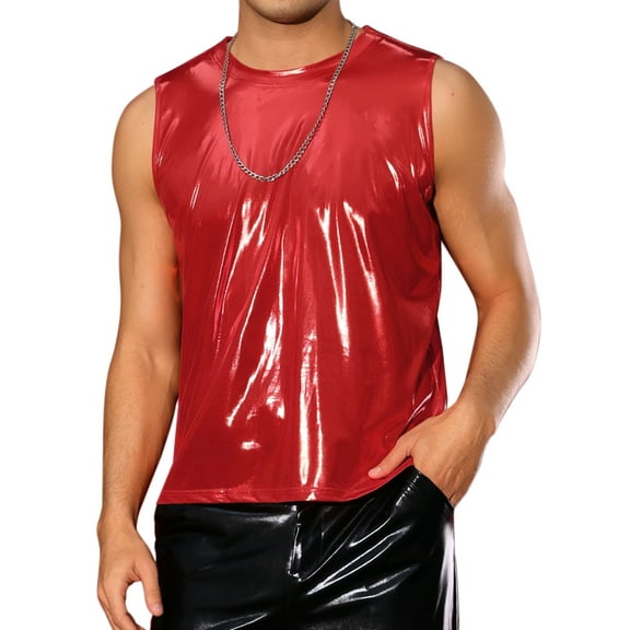 INSPIRE CHIC Metallic Tank Tops for Men's Holographic Sleeveless T-Shirt Disco Party Shiny Vest S Red