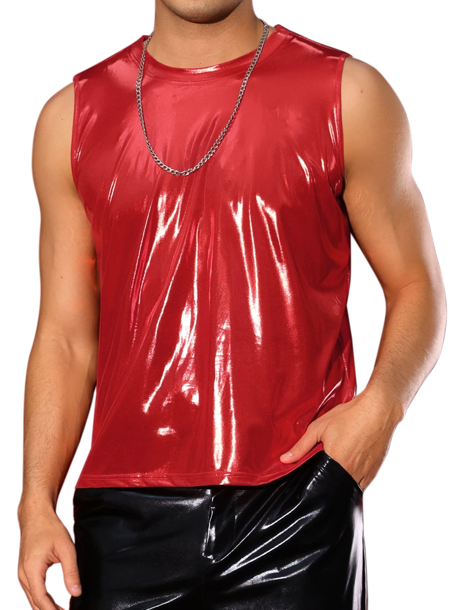 INSPIRE CHIC Metallic Tank Tops for Men's Holographic Sleeveless T-Shirt Disco Party Shiny Vest XL Red