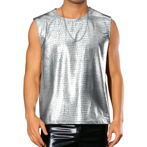 INSPIRE CHIC Metallic Vest for Men's Disco Shiny Sleeveless Crocodile Pattern Tank Top M Silver