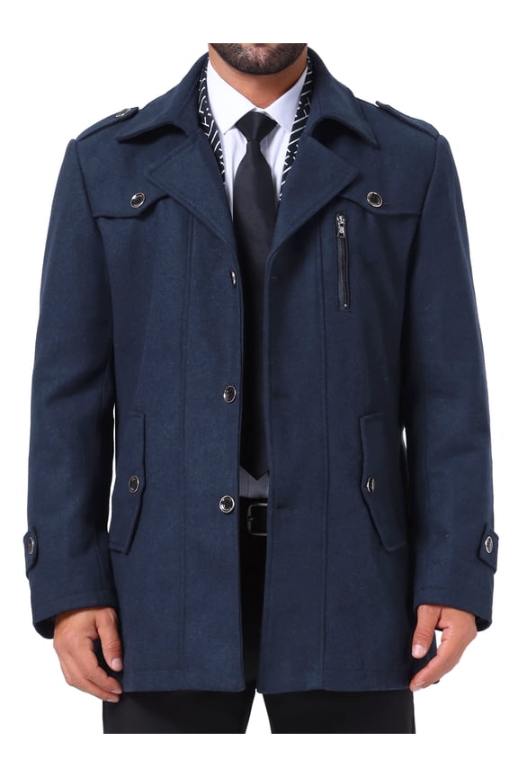 Mid-Length Overcoat for Men's Zipper Single Breasted Winter Coat Business Scarf Collar Coat L Dark Blue
