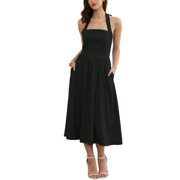 INSPIRE CHIC Midi Dress for Women's Off Shoulder Halter Corset High Waist Swing Flowy Long Dresses M Black