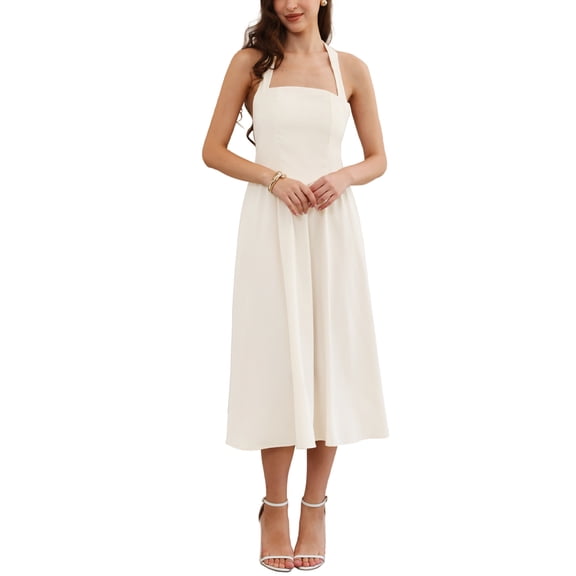 INSPIRE CHIC Midi Dress for Women's Off Shoulder Halter Corset High Waist Swing Flowy Long Dresses S Apricot