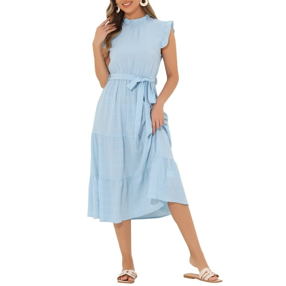 INSPIRE CHIC Women's Midi Dresses Mock Neck Ruffled Cap Sleeve Dresses M Blue