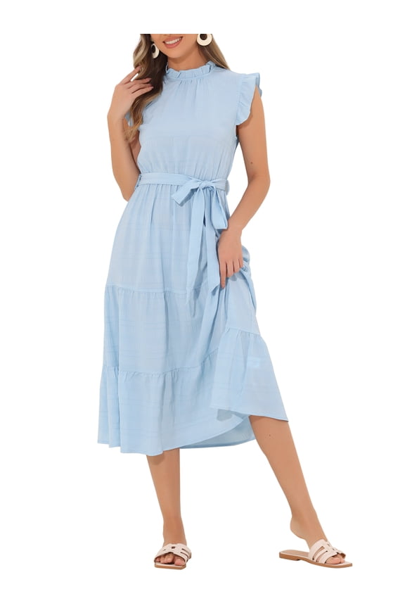 Women's Midi Dresses Mock Neck Ruffled Cap Sleeve Dresses XS Blue