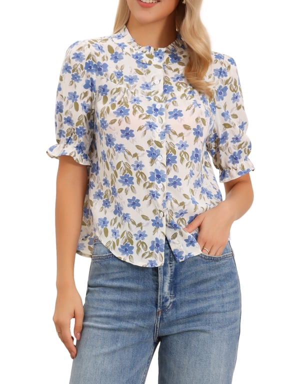 Mock Neck Dressy Blouses for Women Casual Summer Floral Button Down Shirt Puff Short Sleeve Casual Work Chiffon Top M Blue