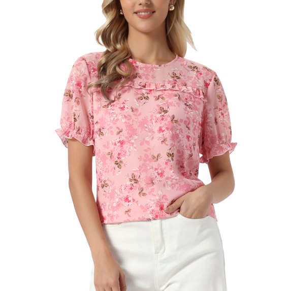INSPIRE CHIC Mother's Day Women's Chiffon Tops Short Sleeves Ruffled Trim Floral Work Office Blouse XL Pink