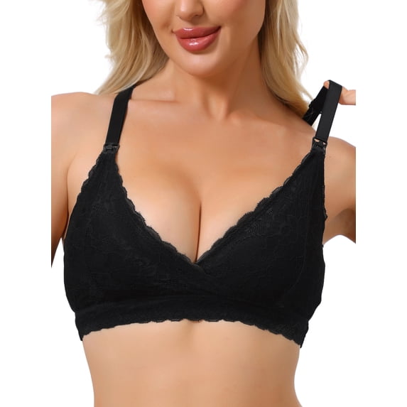 INSPIRE CHIC Nursing Bras for Women Lace Breastfeeding Wireless Soft Cup Pregnancy Crossover Plunge Maternity Bra M Black