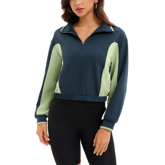 INSPIRE CHIC Onfers Women Half Zip Crop Sweatshirts Long Sleeve Oversized Pullover Sweaters Workout Fall Outfits with Pockets L Navy Blue Green