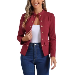 INSPIRE CHIC Open Front Blazers for Women's Casual Long Sleeves Buttons Office Suit Jacket M Wine Red