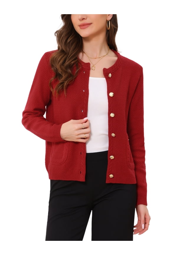 Open Front Sweater for Women's Collarless Button Down Business Casual Chunky Knit Cardigans M Red