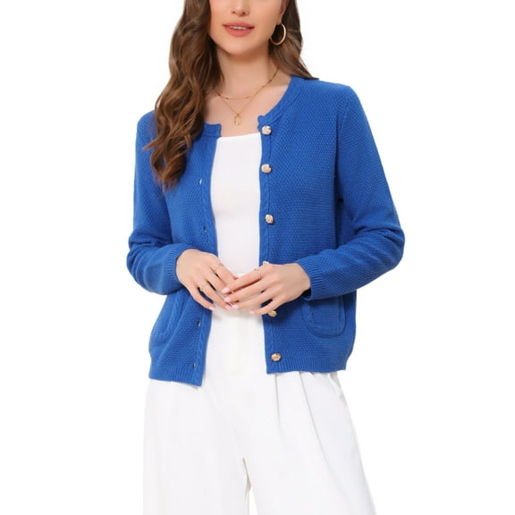 INSPIRE CHIC Open Front Sweater for Women's Collarless Button Down Business Casual Chunky Knit Cardigans S Royal Blue