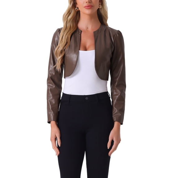INSPIRE CHIC Halloween PU Leather Crop Jackets for Women's Open Front Long Sleeve Jacket XS Dark Brown