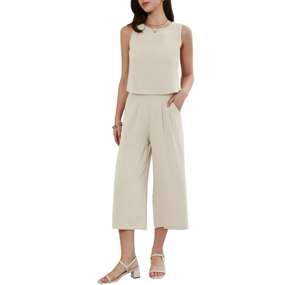 INSPIRE CHIC Pants Suits for Women Summer 2 Piece Outfits Sleeveless Crop Top Elastic Waist Wide Leg Pants Casual Sets M Khaki