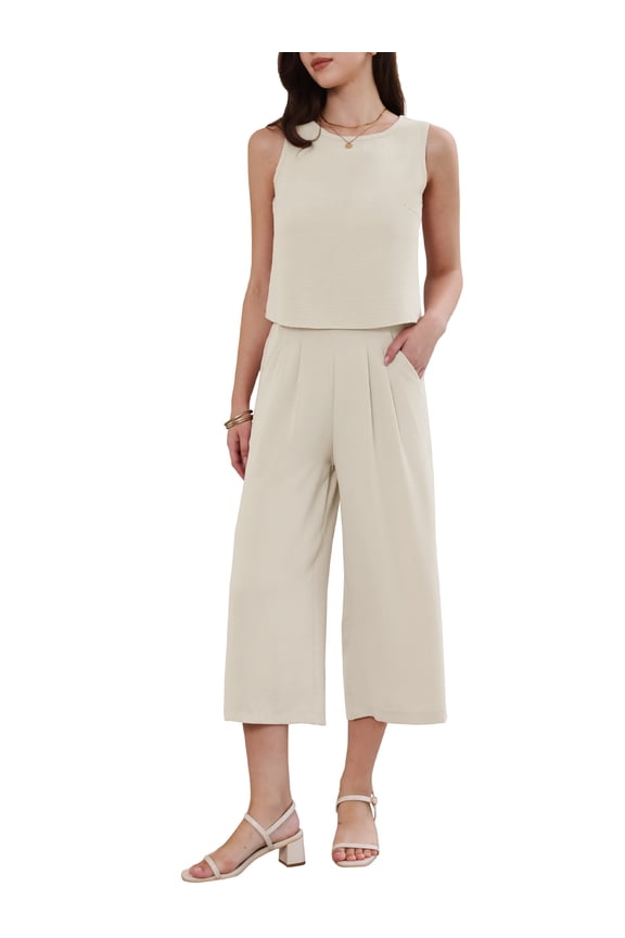 Pants Suits for Women Summer 2 Piece Outfits Sleeveless Crop Top Elastic Waist Wide Leg Pants Casual Sets XL Khaki