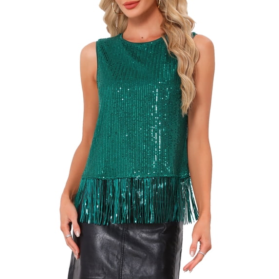 INSPIRE CHIC Halloween Party Tops for Women's Sequin Fringe Trim Sleeveless Round Neck Sparkly Tees S Dark Green