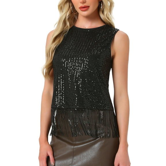 INSPIRE CHIC Party Tops for Women's Sequin Fringe Trim Sleeveless Round Neck Sparkly Tees XS Black