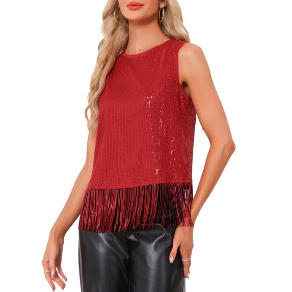 INSPIRE CHIC Halloween Party Tops for Women's Sequin Fringe Trim Sleeveless Round Neck Sparkly Tees XS Red